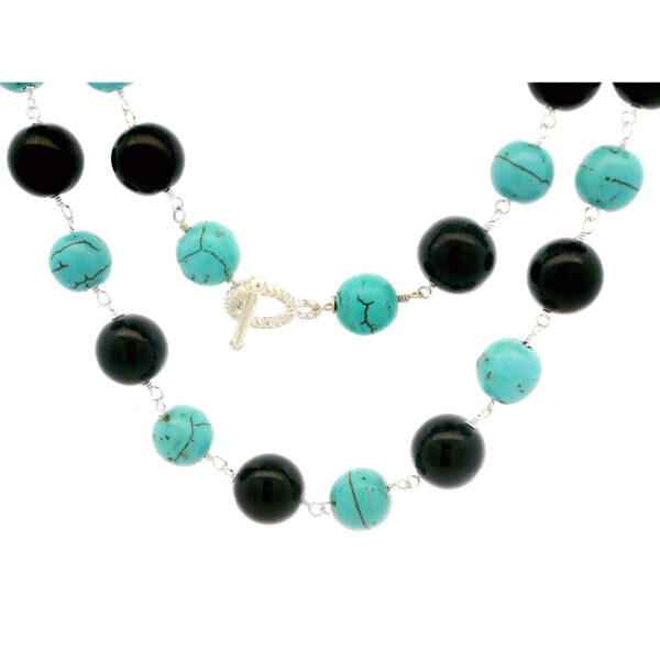 Gehna Jaipur Turquoise & Black Onyx Gemstone Knotted Chain In .925 Sterling Silver For Girls & Women CS-1231