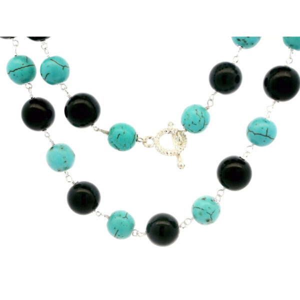 Gehna Jaipur Turquoise & Black Onyx Gemstone Knotted Chain In .925 Sterling Silver For Girls & Women CS-1230
