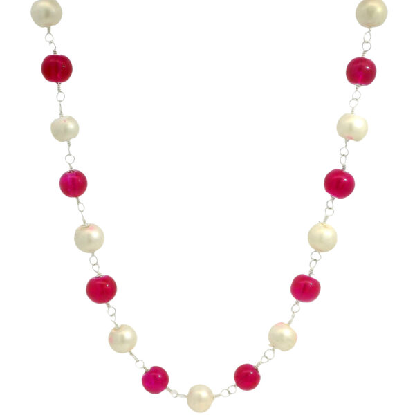 Gehna Jaipur Pearl & Pink Quartz Color Zirconia Beads Rosary Chain Silver Rhodium Plating For Girls & Women CC-1261