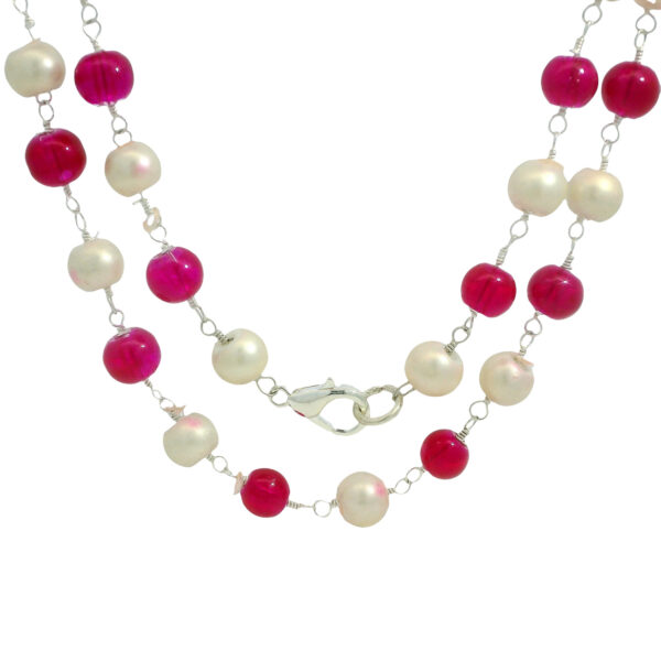 Gehna Jaipur Pearl & Pink Quartz Color Zirconia Beads Rosary Chain Silver Rhodium Plating For Girls & Women CC-1261