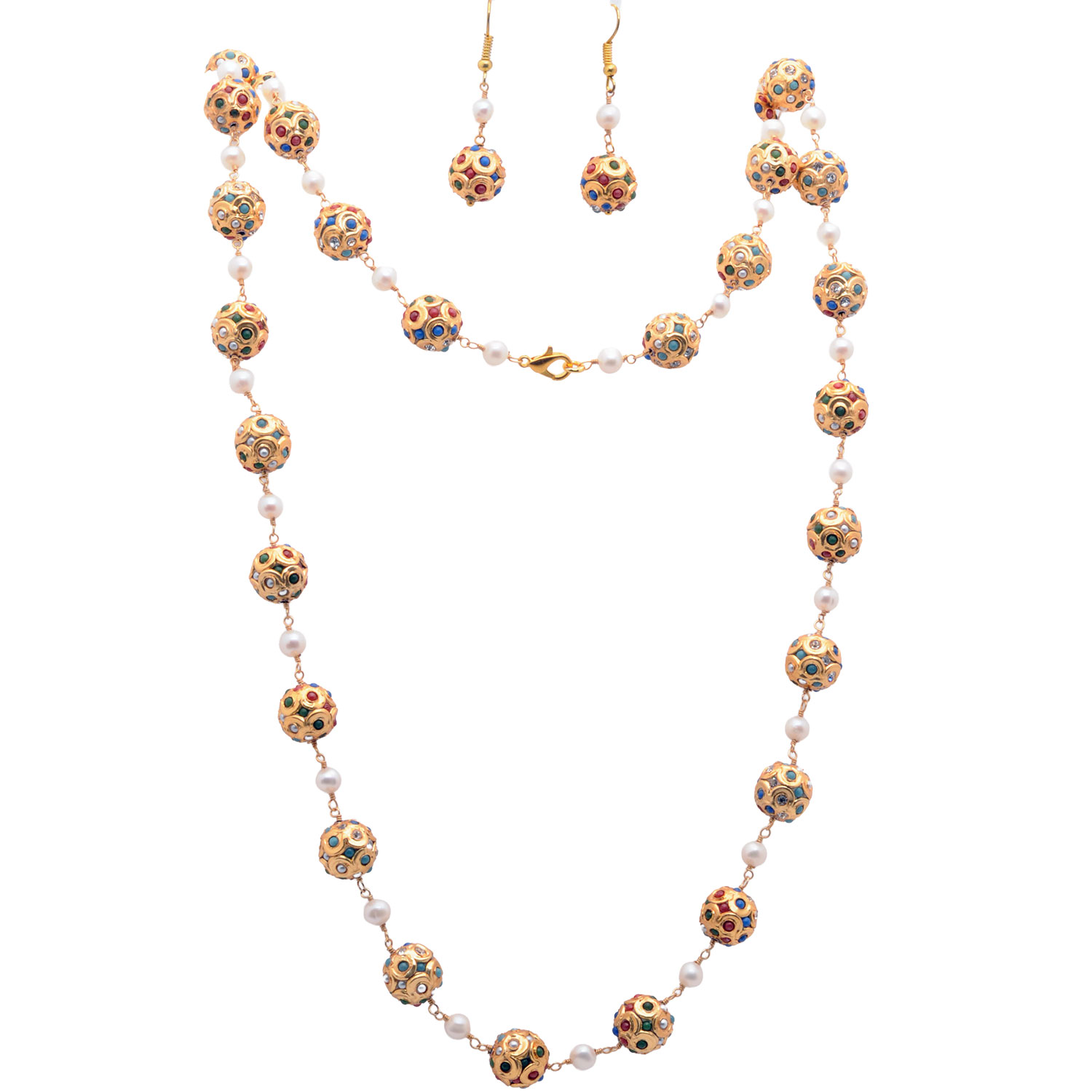 Gehna Jaipur Pearl & Multicolor Stone Studded Jadau Balls Necklace Earring & Bracelet For Girls & Women LN01-1129