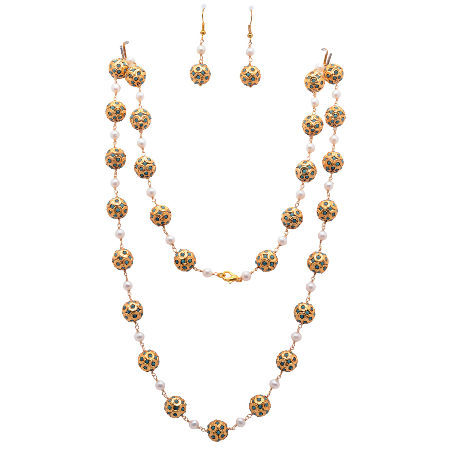 Gehna Jaipur Pearl & Turquoise Stone Studded Jadau Balls Necklace Earring & Bracelet For Girls & Women LN01-1130