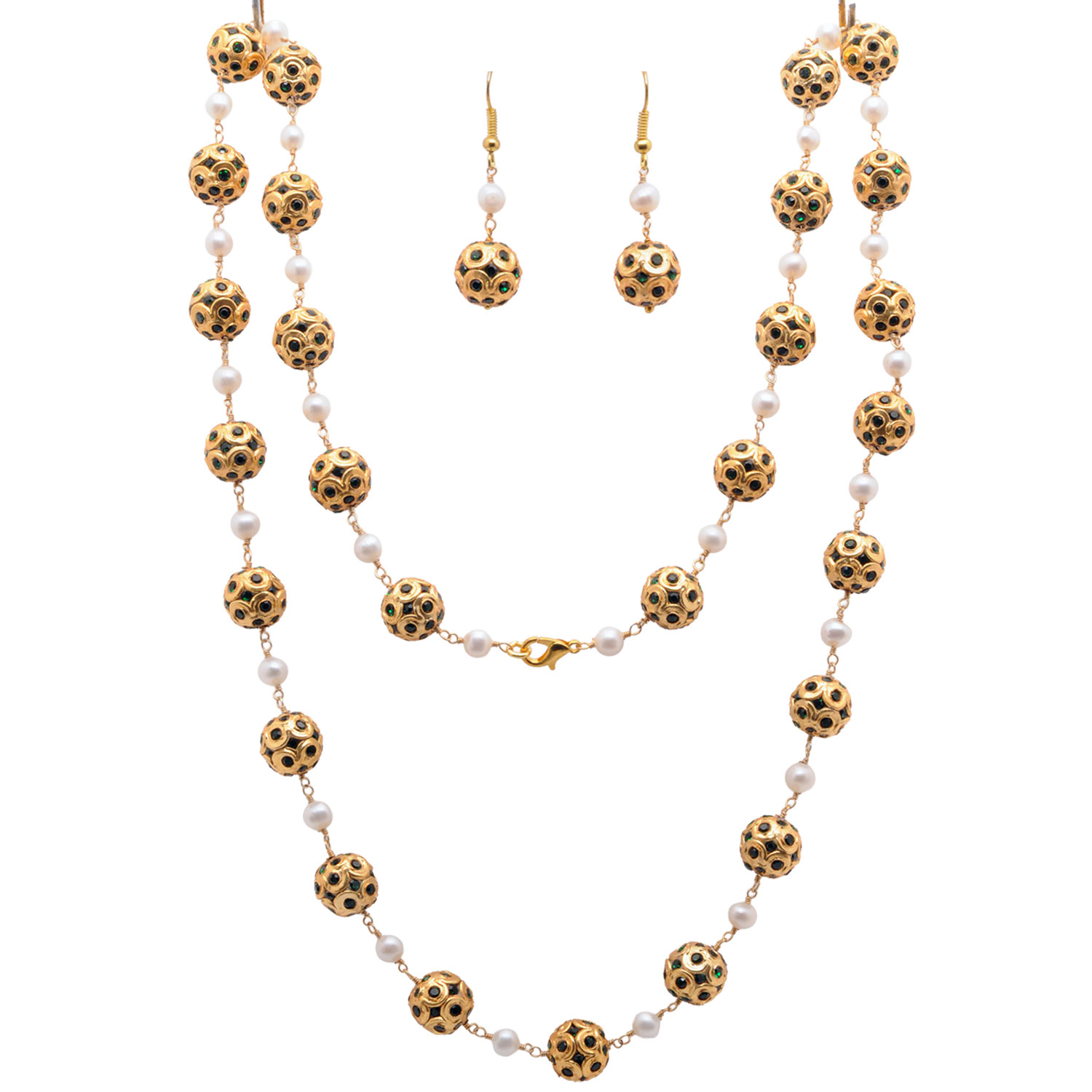 Gehna Jaipur Pearl & Emerald Stone Studded Jadau Balls Necklace Earring & Bracelet For Girls & Women LN01-1131
