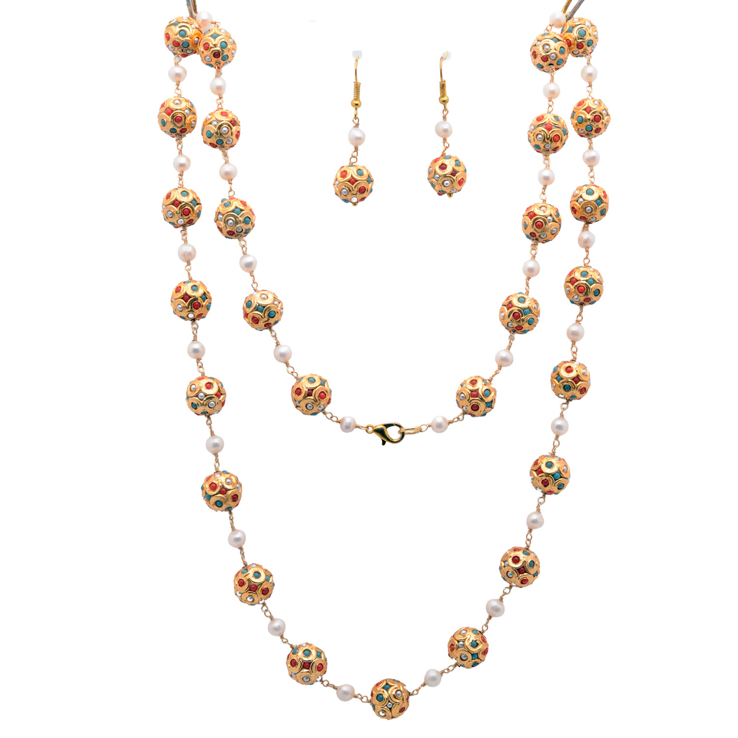 Gehna Jaipur Pearl & Pearl, Red Jasper, Turquoise Stone Studded Jadau Balls Necklace Earring & Bracelet For Girls & Women LN01-1132
