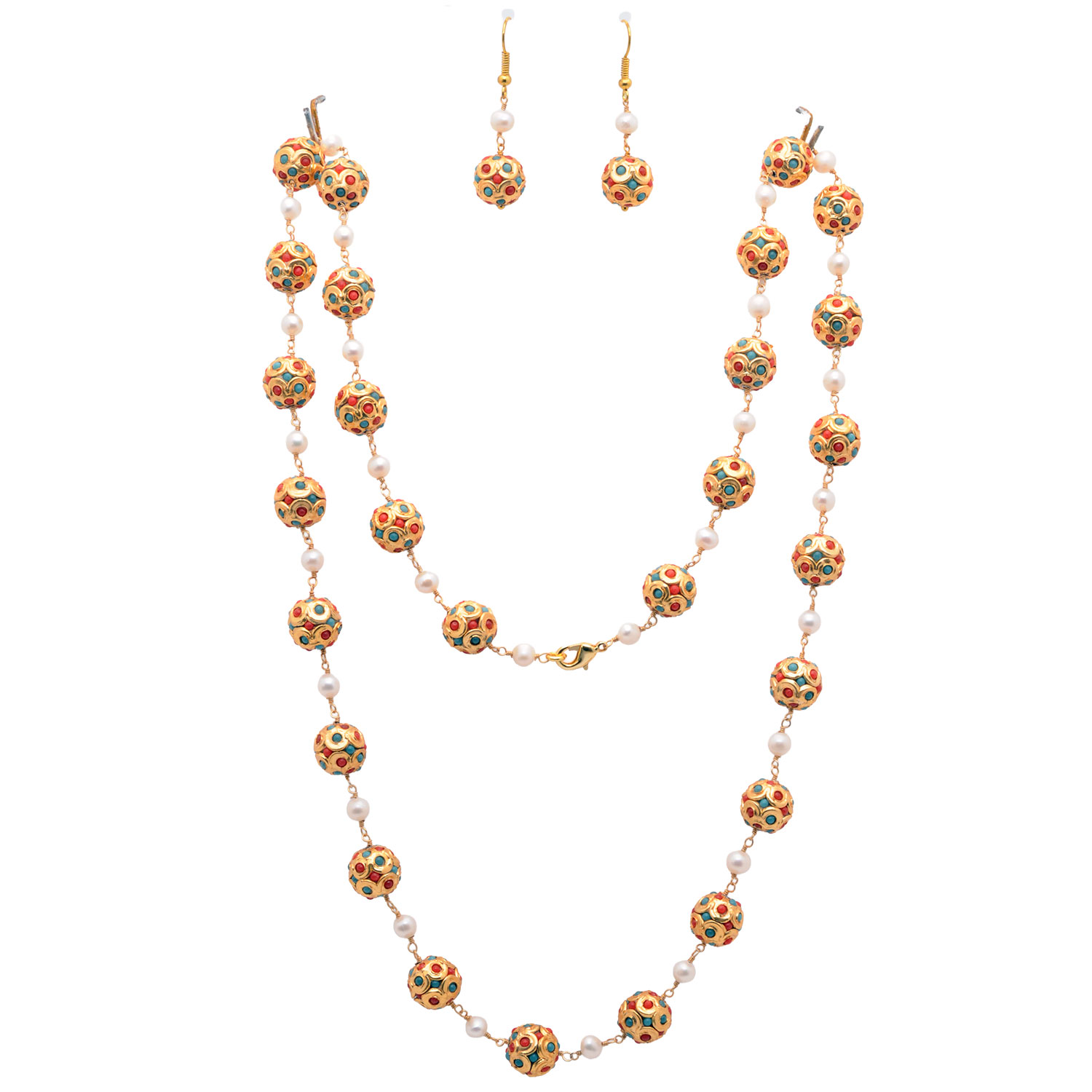 Gehna Jaipur Pearl & Red Jasper, Turquoise Stone Studded Jadau Balls Necklace Earring & Bracelet For Girls & Women LN01-1133