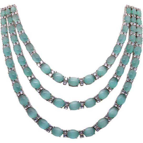 C. Z & Aquamarine Color Stone Studded 3 Line Necklace & Earring Set