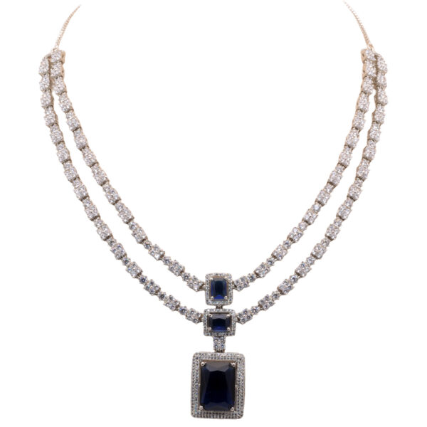 C. Zirconia & Blue Sapphire Stone Studded 2 Line Necklace & Earring Set
