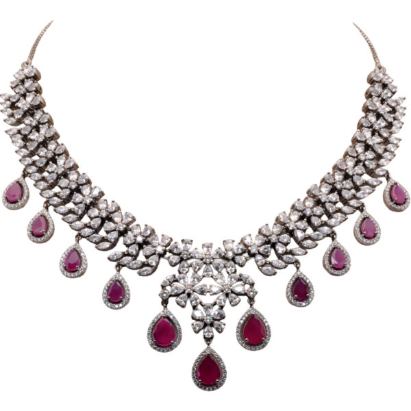 Cubic Zirconia & Ruby Color Stone Pear Studded Necklace & Earring Set