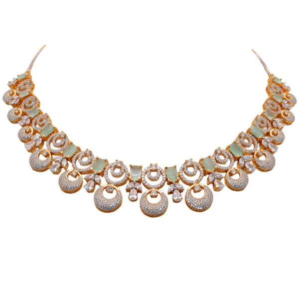 Cubic Zirconia & Acquamarine Color Stone Studded Necklace & Earring Set