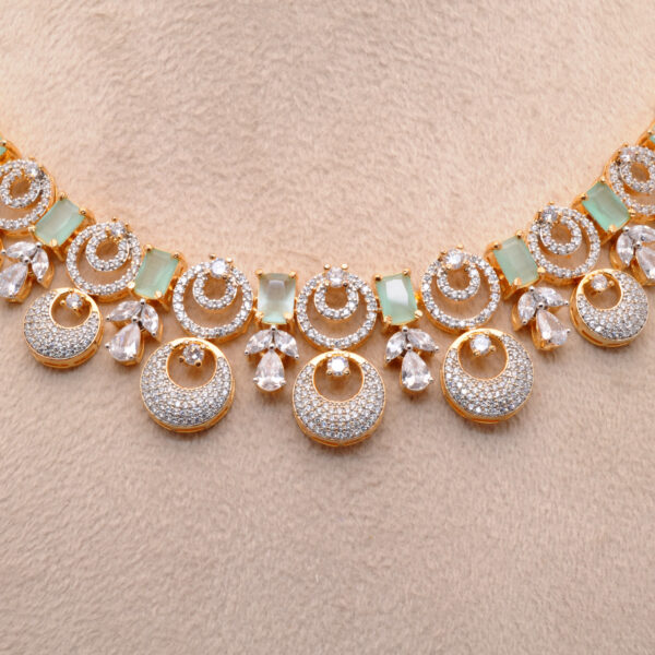 Cubic Zirconia & Acquamarine Color Stone Studded Necklace & Earring Set