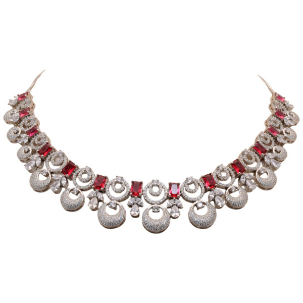 Cubic Zirconia & Ruby Color Stone Studded Necklace & Earring Set