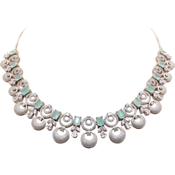 Cubic Zirconia & Acquamarine Color Stone Studded Necklace & Earring Set