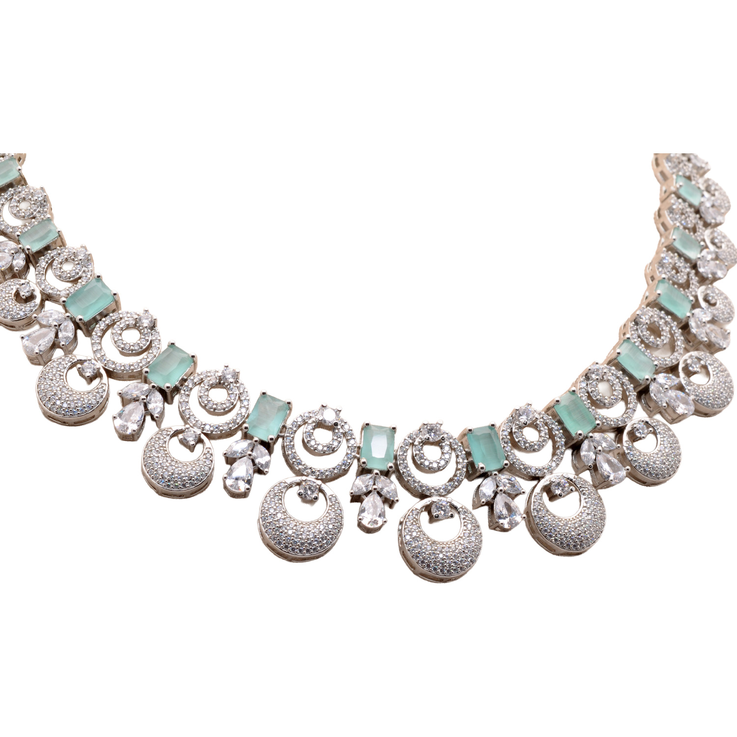Cubic Zirconia & Acquamarine Color Stone Studded Necklace & Earring Set - Image 5