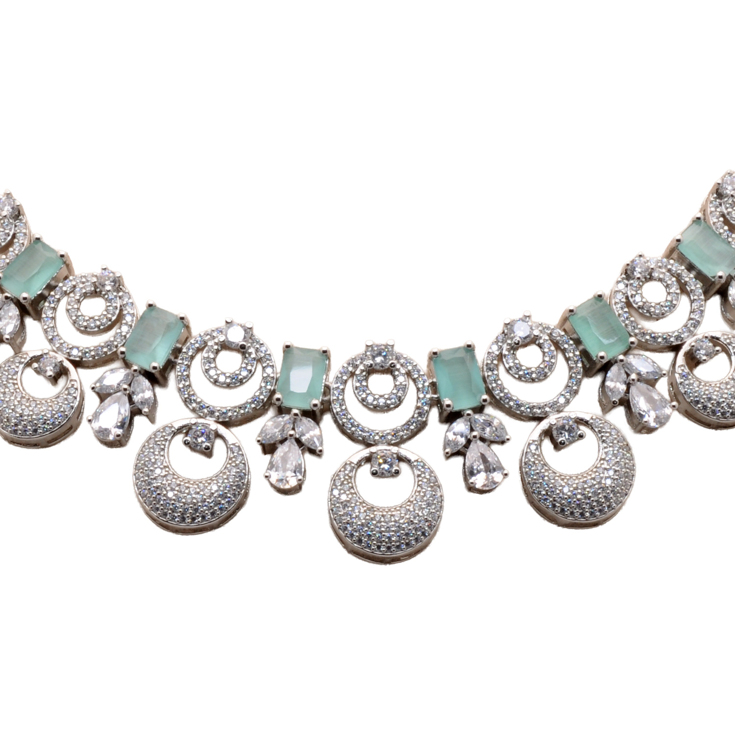 Cubic Zirconia & Acquamarine Color Stone Studded Necklace & Earring Set - Image 4