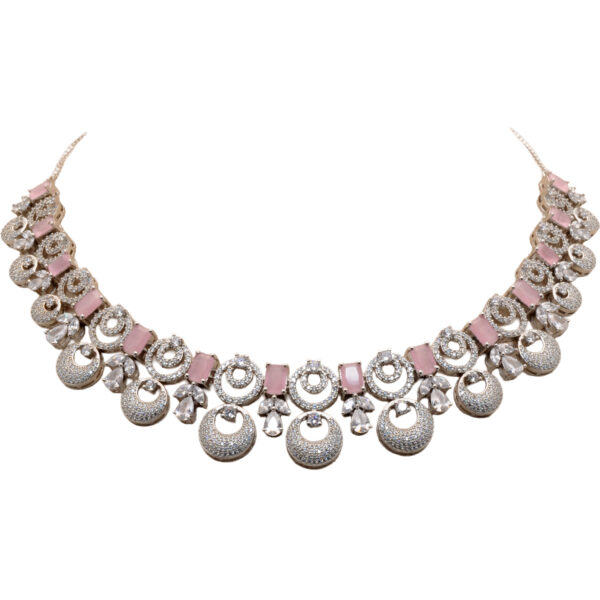 Cubic Zirconia & Rose Qwartz Color Stone Studded Necklace & Earring Set
