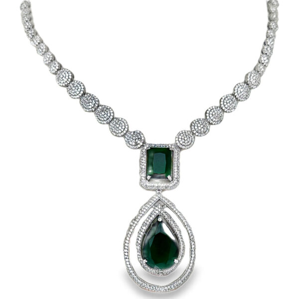 Cubic Zirconia & Emerald Color Stone Studded Necklace & Earring Set
