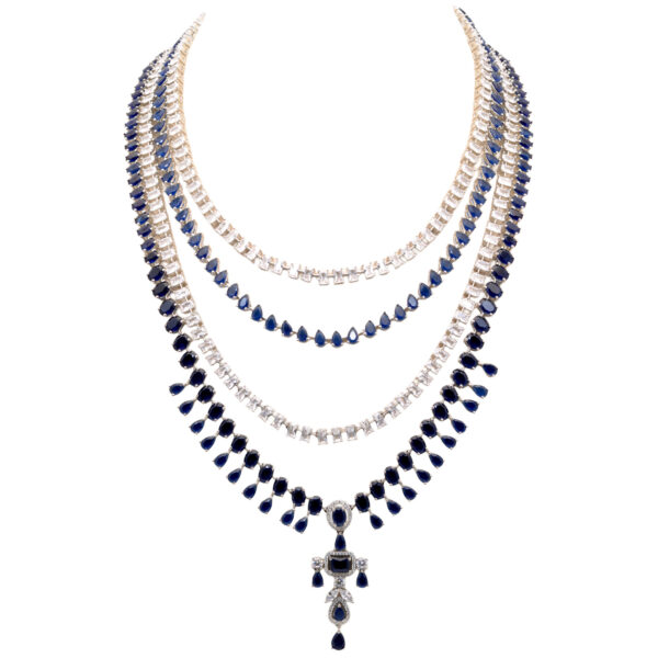 4 Layer C.Z & Blue Sapphire Studded Wedding Wear Necklace & Earring Set