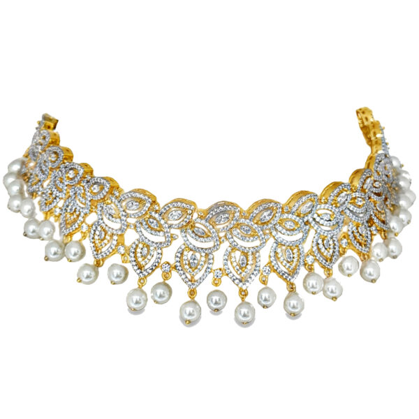 Cubic Zirconia & Pearl Studded Wedding Wear Choker Style Necklace Set