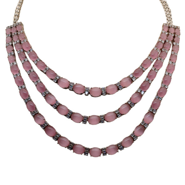 C. Z & Rose Quartz Color Stone Studded 3 Line Necklace & Earring Set