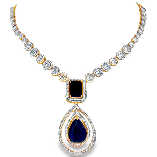 Cubic Zirconia & Blue Sapphire Color Stone Studded Necklace & Earring Set