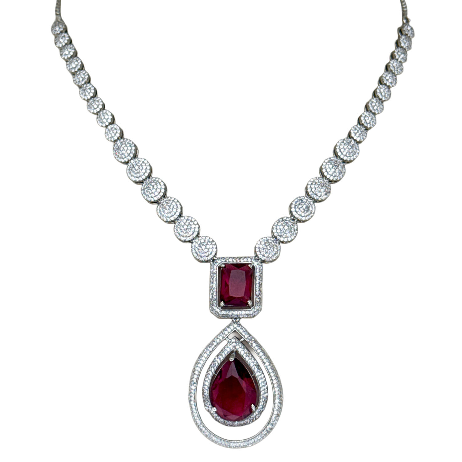 Cubic Zirconia & Ruby Color Stone Studded Necklace & Earring Set