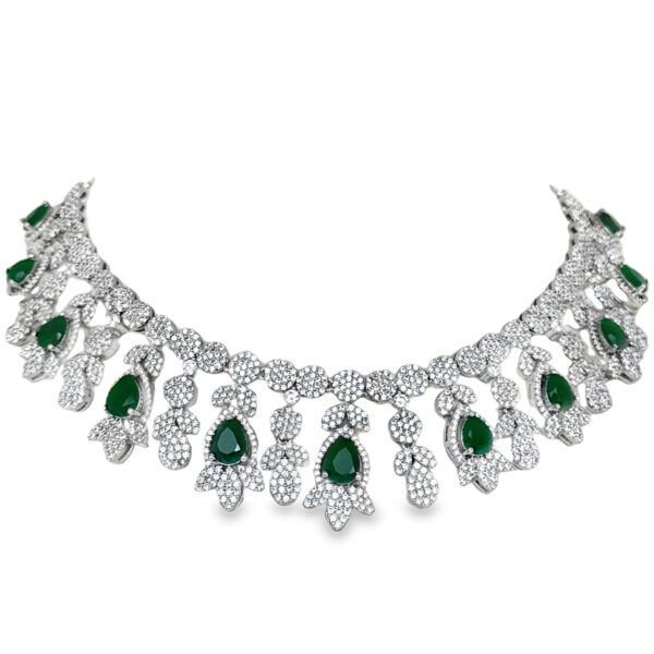Cubic Zirconia & Pear Emerald Studded Necklace & Earring Set