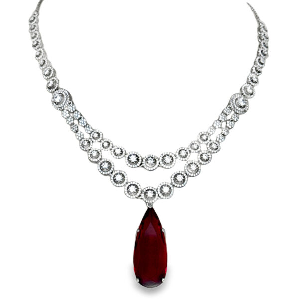 Cubic Zirconia & Drop Shape Ruby Studded Necklace & Earring Set