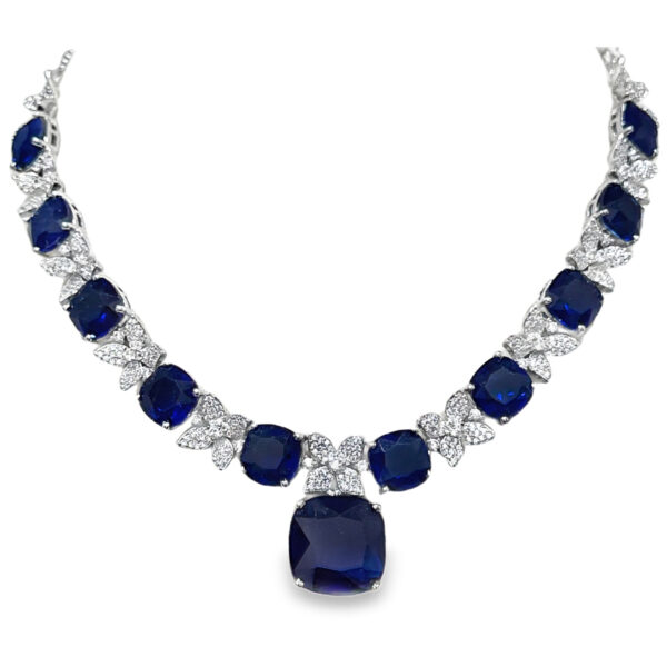 Cubic Zirconia & Square Blue Sapphire Studded Necklace & Earring Set