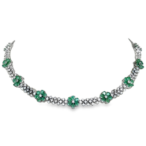 Cubic Zirconia & Floral Theme Emerald Studded Necklace & Earring Set