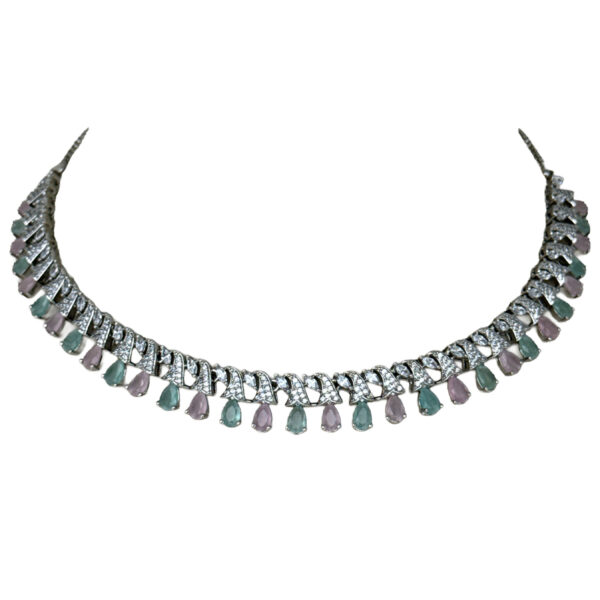 Rose Quartz & Acquamarine Color Stone Studded Necklace & Earring Set