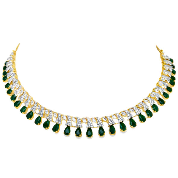 Cubic Zirconia & Emerald Color Stone Studded Party Wear Necklace Set