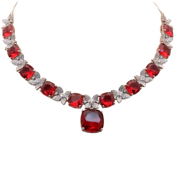 Floral Theme Cubic Zirconia & Rubelite Color Stone Studded Necklace Set