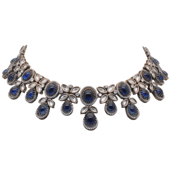 Mossanite Polki & Blue Sapphire Necklace Set Black Rhodium Plating