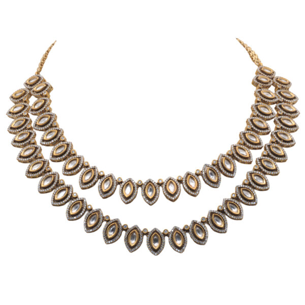 2 Rows Mossanite Polki Studded Antique Finish Necklace & Earring Set