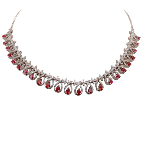 Cubic Zirconia & Pear Rubelite Color Stone Studded Necklace & Earring Set