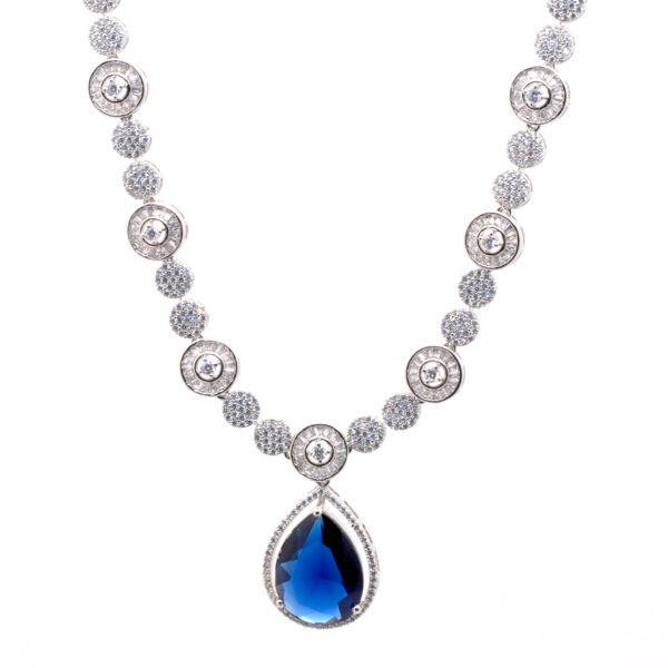 C.Z & Pear Shape Blue Sapphire Studded Party Wear Necklace & Earring Set