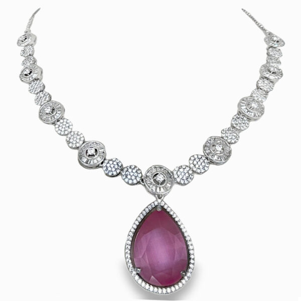 C.Z & Rose Quartz Pear Shape Stone Studded Necklace & Earring Set