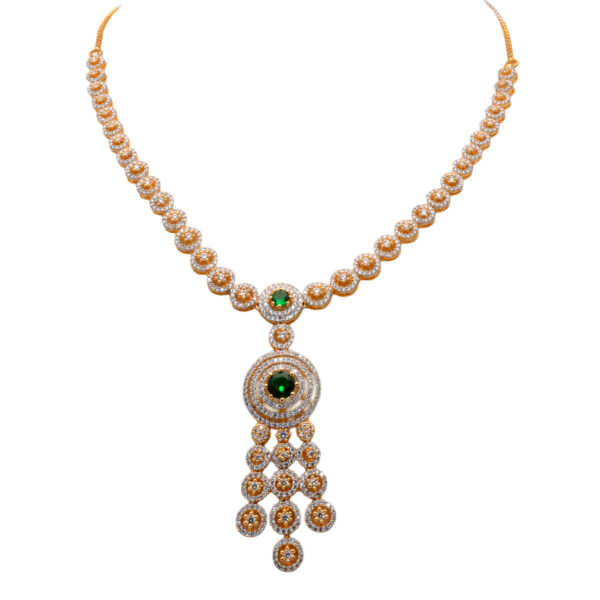 Cubic Zirconia & Emerald Color Stone Studded Necklace & Earring Set