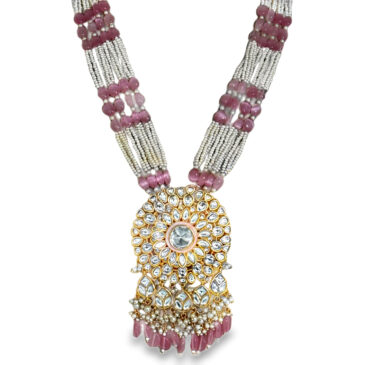 Mossanite Polki & Rose Quartz Studded Wedding Wear Necklace & Earring Set