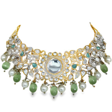 Mossanite Polki & Green Chalcedony Studded Necklace & Earring Set