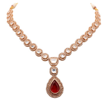 Mossanite Polki & Ruby Color Stone Studded Necklace & Earring Set