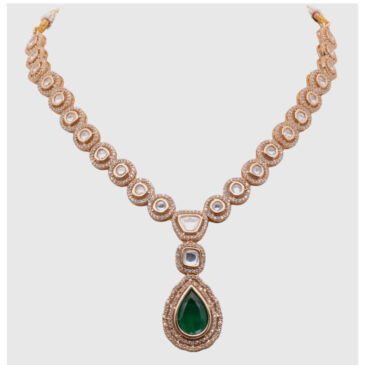 Mossanite Polki & Emerald Color Stone Studded Necklace Set