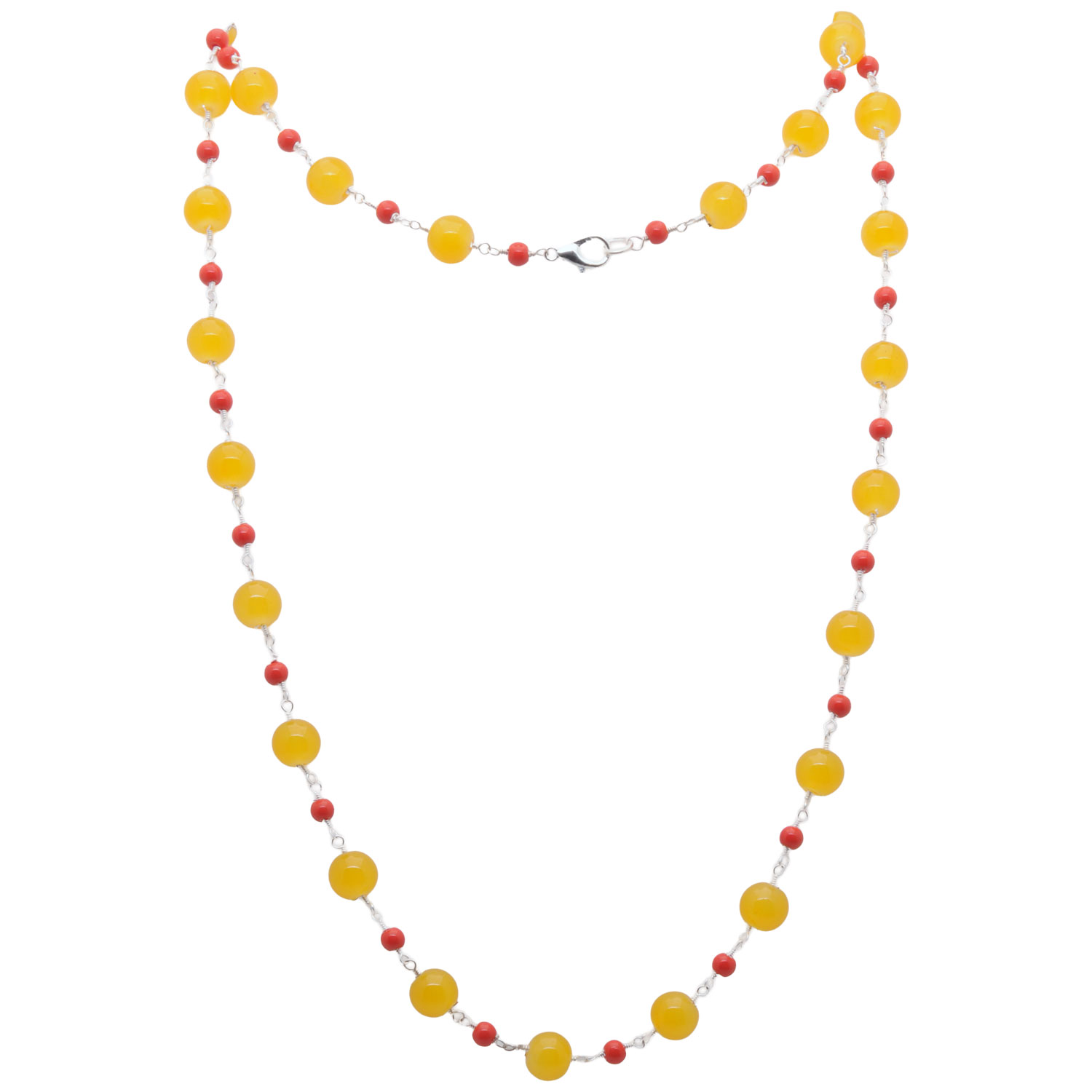 Gehna Jaipur Coral & Yellow Chalcedony Color Cubic Zirconia Beads Necklace (Silver) For Girls & Women CC-1235