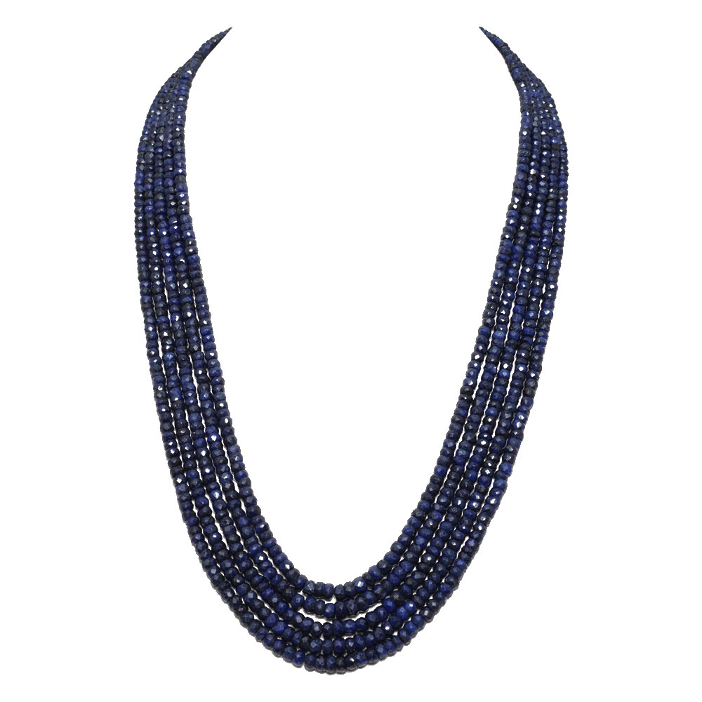 5 Lines 505 Carats Blue Sapphire Gemstone Faceted Beads Necklace