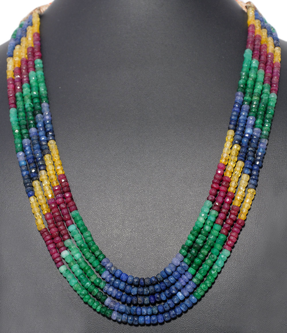 5 Lines 531.5 Cts Emerald Ruby Sapphire Precious Gemstone Beaded Necklace