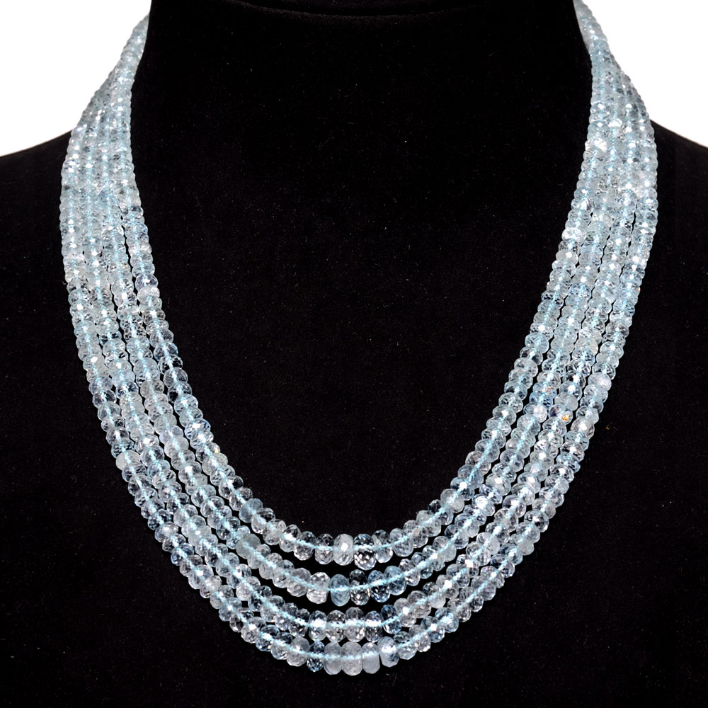 4 Lines 438 Carats Aquamarine Gemstone Faceted Bead Necklace