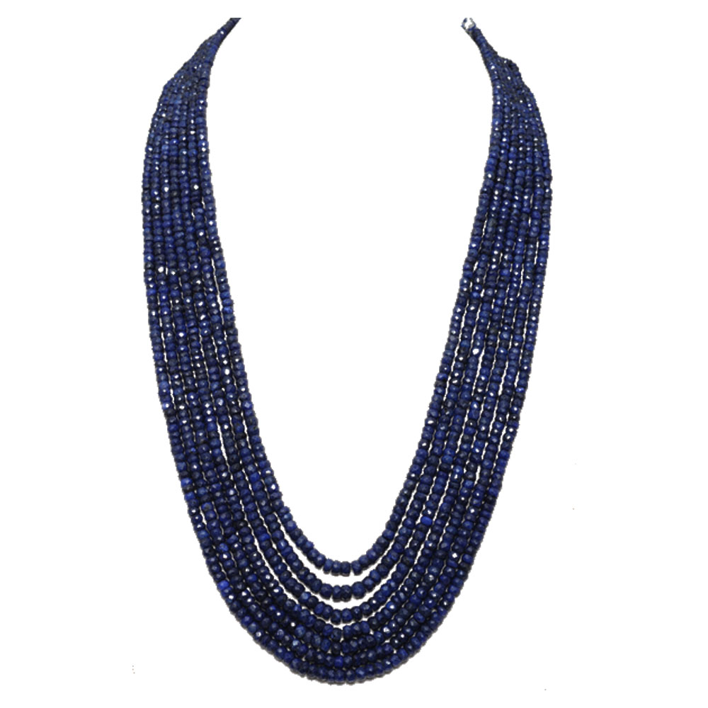 7 Lines 710 Carats Blue Sapphire Gemstone Faceted Beads Necklace