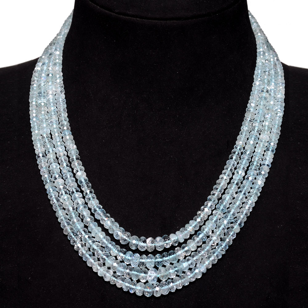 4 Lines 463 Carats Aquamarine Gemstone Faceted Bead Necklace