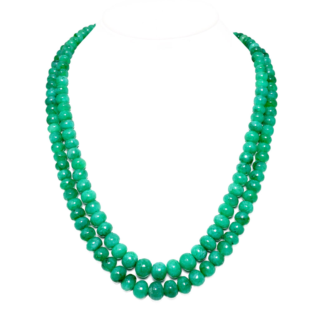 2 Lines 489 Carats Emerald Gemstone Cabochon Beads Necklace