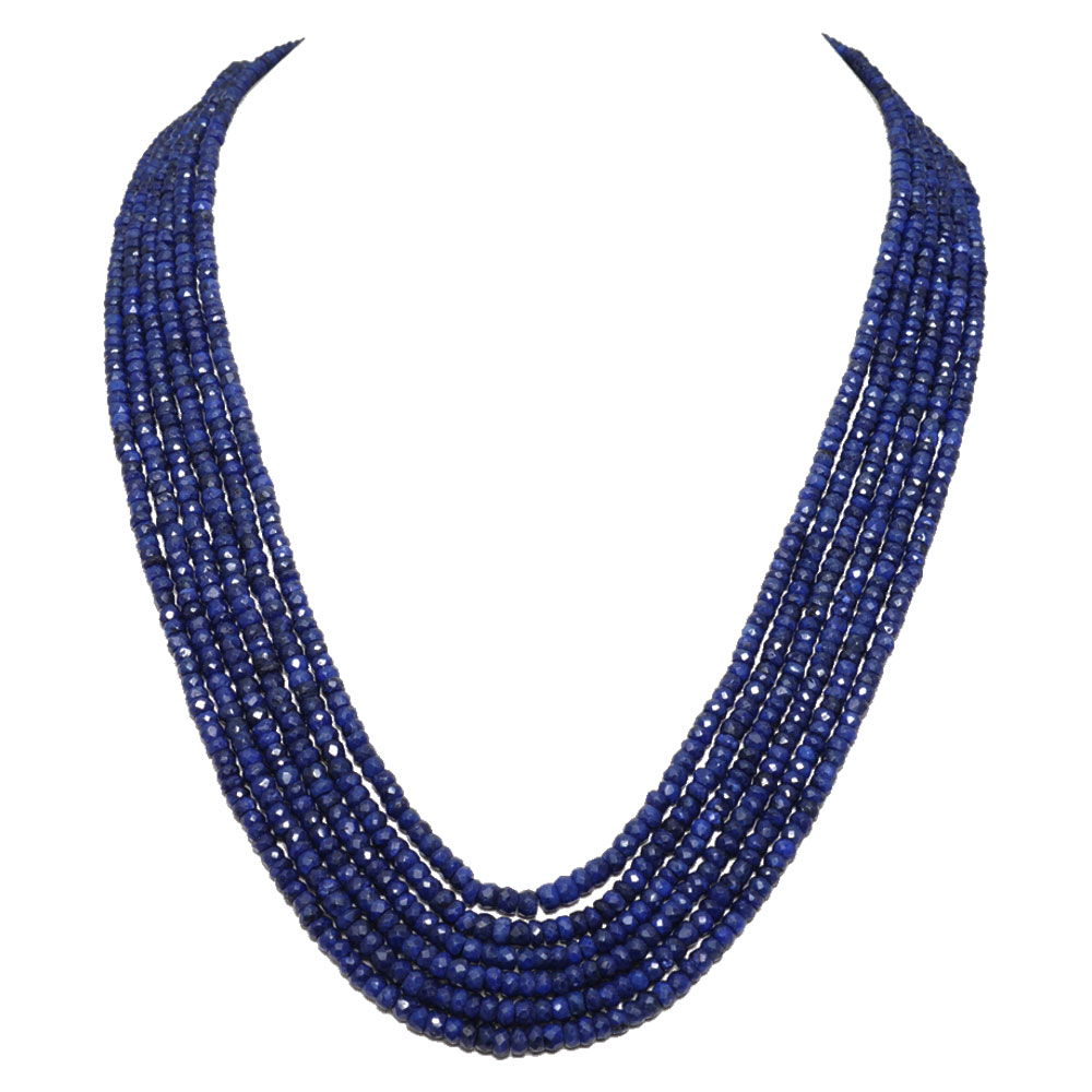 6 Lines 594 Carats Blue Sapphire Gemstone Faceted Beads Necklace